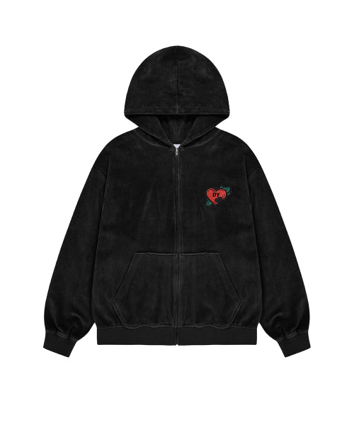 OY VELOUR VINTAGE HEART HOODIE ZIP-UP - BLACK