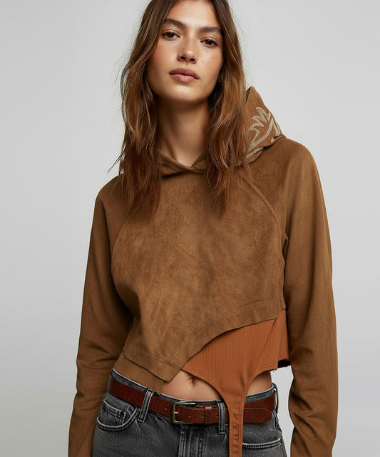 2113 STUDIO Western Suede Crop Hoodie Camel